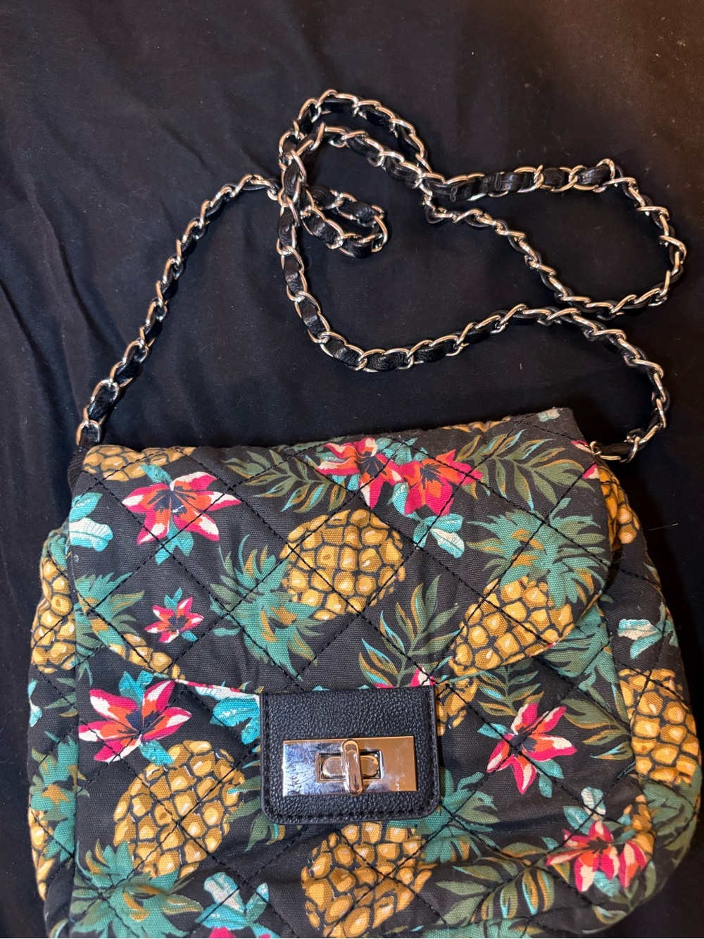 Madden Girl Black Quilted Crossbody with Pineapple & Floral Print